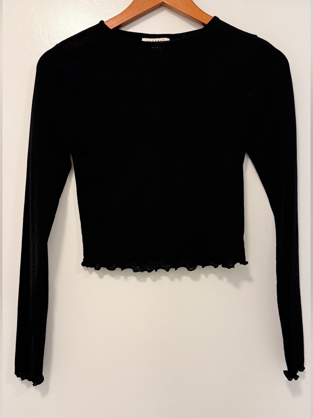 TOPSHOP Black Sheer Long-Sleeve Lettuce-Edge Crop Top